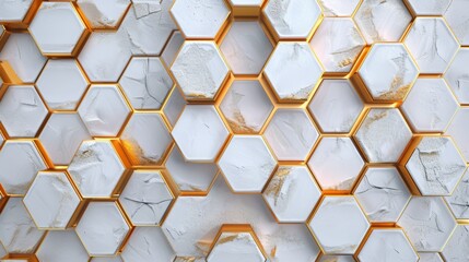 Close-up of white and gold hexagonal tiles forming a seamless, intricate pattern. Modern and stylish design suitable for backgrounds or textures.