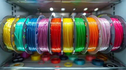 Large coils with colored electrical wires on huge shelves in an industrial plant. Manufacture of electrical wiring for cars.