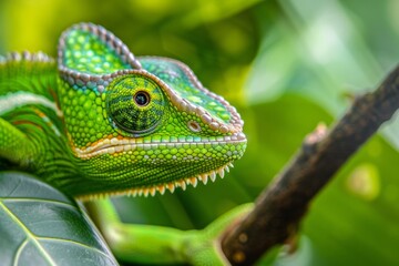 Obraz premium A bright green flapped neck chameleon in side view close up sitting on a branch with eyes at a weird and funny angle