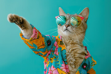 A cat in a green floral outfit is wearing sunglasses and dancing