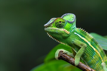 Fototapeta premium A bright green flapped neck chameleon in side view close up sitting on a branch with eyes at a weird and funny angle