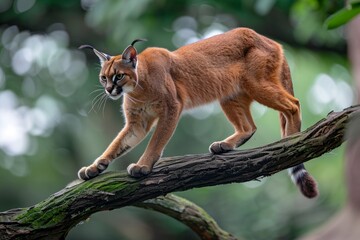 Obraz premium A caracal is walking on a tree branch and stops to scratch claws. Side view with face turned to camera