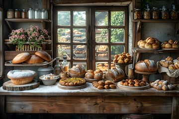 Traditional bakery tools in rustic setting.