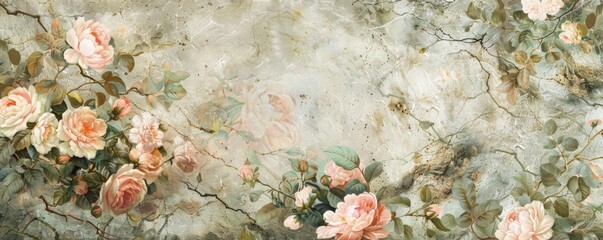 Vintage Floral Elegance, A delicate and detailed illustration of blooming roses against a textured, antique background, evoking a sense of timeless beauty and classic elegance.
