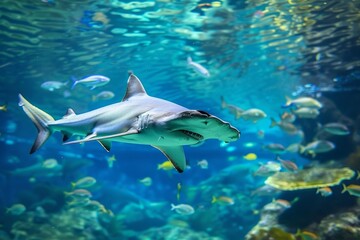 Naklejka premium a hammerhead shark swims toward the viewer with a school of fish around it in the blue water