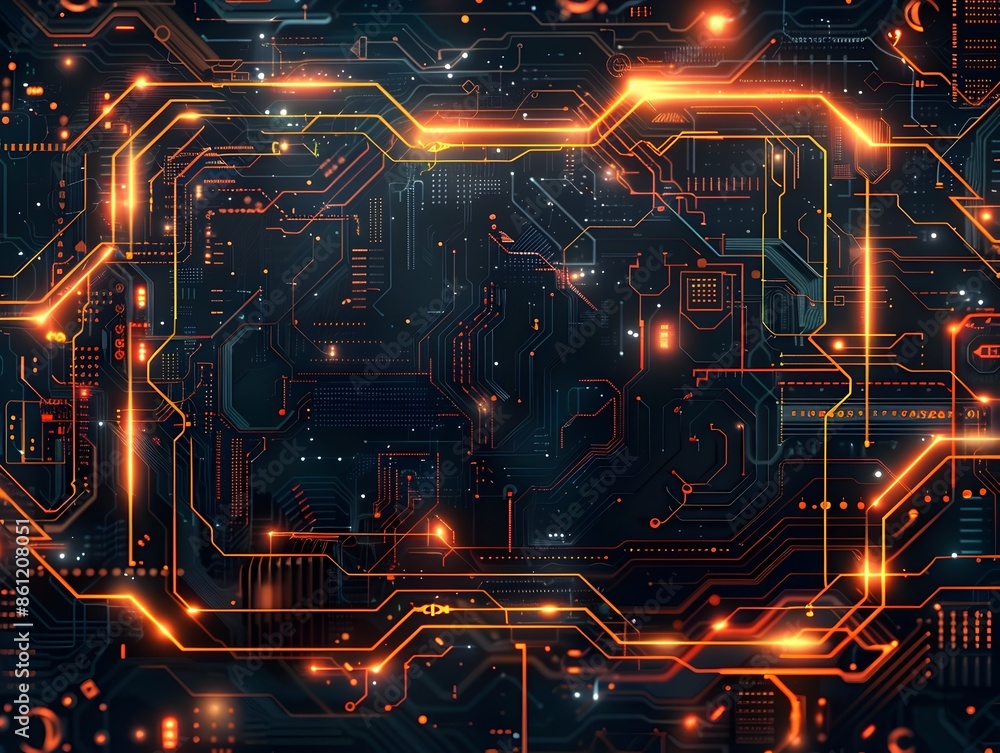 Poster sci fi digital circuit frame with glowing elements on dark background for futuristic design concept