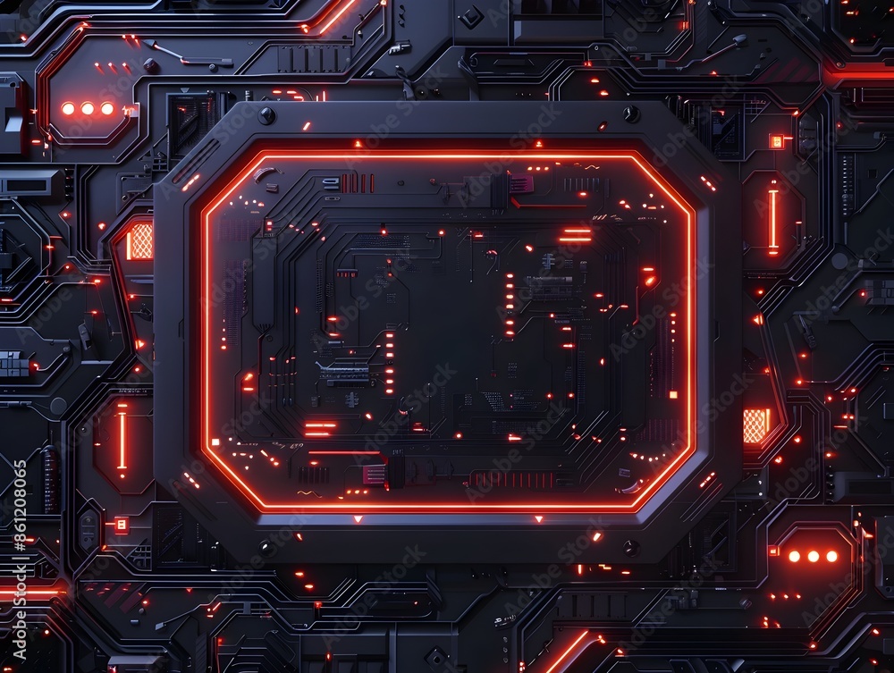 Poster glowing futuristic sci fi frame with digital circuits and neon elements on a dark background suitabl
