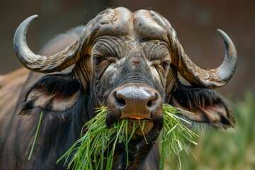 Naklejka premium A male cape buffalo close up of face. Bull stands at attention with a mouth full of grass looking silly funny humorous and menacing