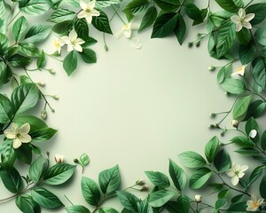 Fototapeta premium Botanical Nature Frame with Green Leaves and Flowers on Light Background for Design Template