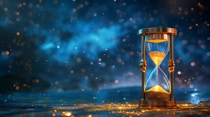 Hourglass Against Starry Night Sky Time Passage Concept with Glowing Golden Sand Trickling Down