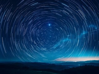 Fototapeta premium Mesmerizing Starry Night Sky with Swirling Circular Star Trails over Mountainous Landscape