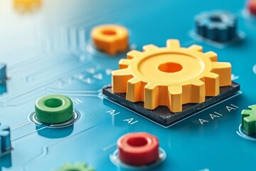 AI gears on a circuit board, symbolizing the mechanical integration of artificial intelligence in technological systems