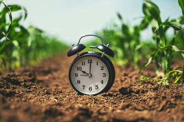 Time for crop protection and herbicide treatment, alarm clock in cultivated corn maize field