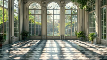 Sunlit conservatory with large windows, checkered floor, and lush greenery, evoking tranquility and elegance in a serene, spacious room.