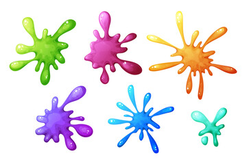 Set of dripping slime, splash cartoon element. Colorful spot ink shape. Jelly mucus smudges isolated on white background. Vector illustration