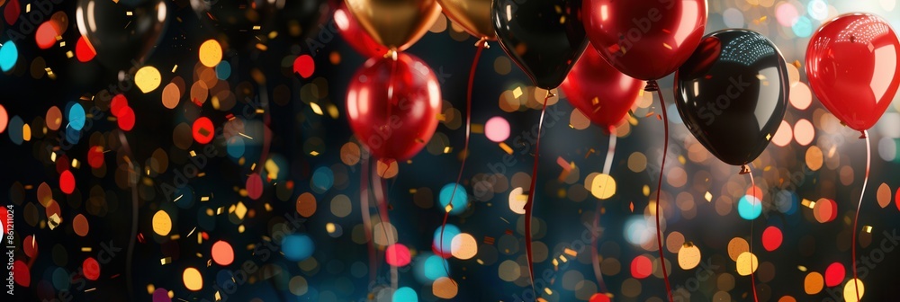 Poster red and black balloons with congratulatory messages float in front of a bokeh background at a univer