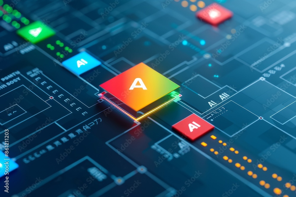 Poster ai chip on a circuit board, highlighting the integration and advancements of artificial intelligence