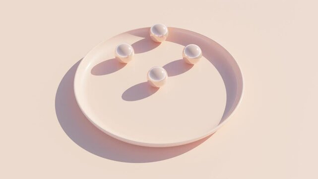 Abstract 3D Design: Four Balls in Synchronized Dance in Bowl. Peach-Colored Aesthetic, Animation Background, Geometric Design, Modern Render