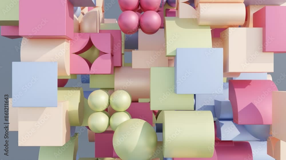 Poster abstract 3d animation with colorful geometric shapes in chaotic motion on dark background for modern