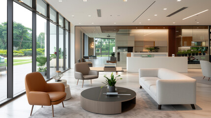 Fototapeta premium Business open space with green shade in modern office for comfortable working