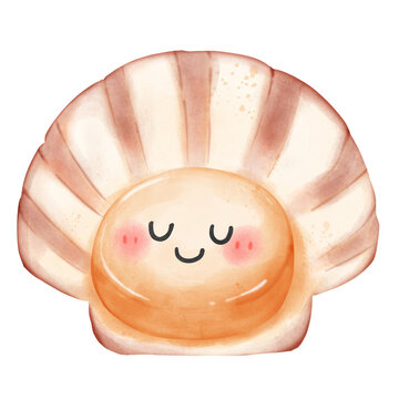 Cute adorable Scallop shell cartoon character, hand draw watercolor