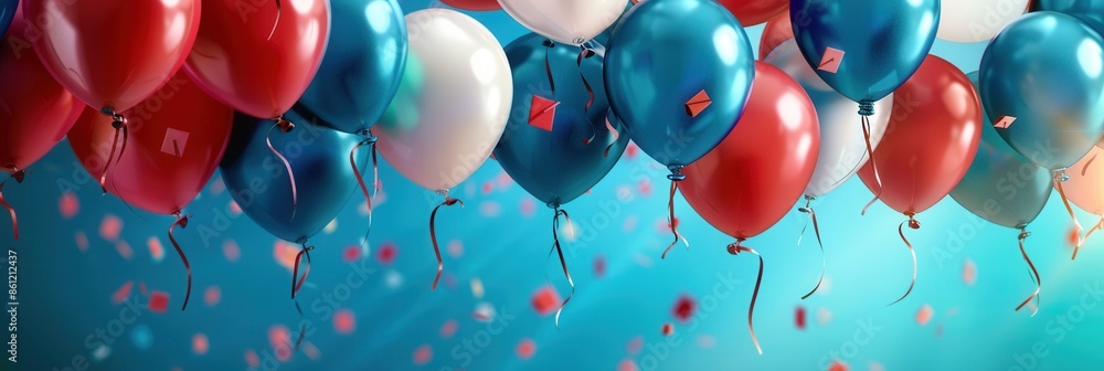 Poster colorful balloons with celebratory messages and school symbols float against a backdrop of a graduat