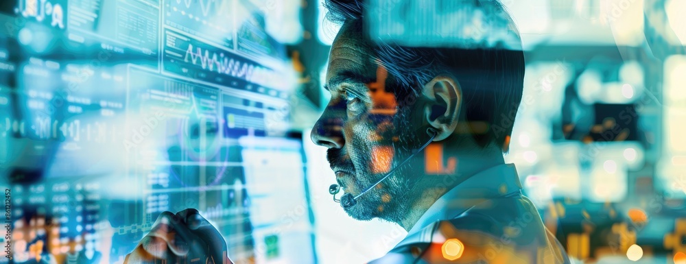 Aufkleber the image shows a man looking at a screen with a lot of data on it. he is wearing a futuristic suit 