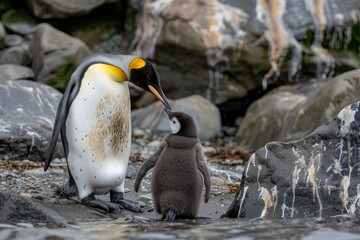 An Emperor penguin chick gets fed by one of its parents while the other stands and observes
