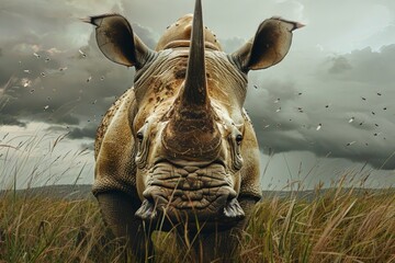 An old white rhinoceros stands in a grass field with ears and horn showing. Details of flies and wrinkled skin
