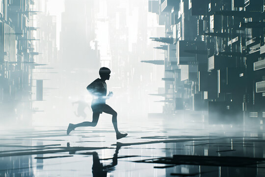 A silhouette of a runner in a high-tech futuristic cityscape with glowing lights and towering structures creating a sleek and dynamic scene