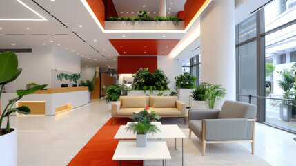Business open space with red shade in modern office for comfortable meeting