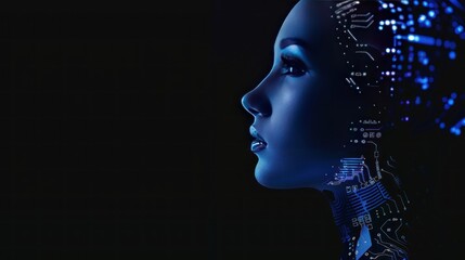 Digital  Woman with Circuitry, Blue Hues, Profile
