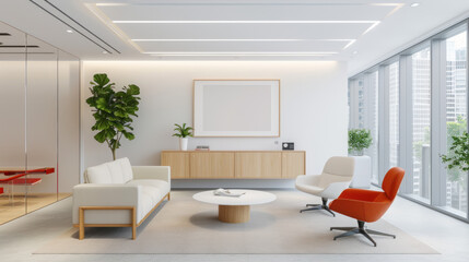 Business open space with red shade in modern office for comfortable meeting