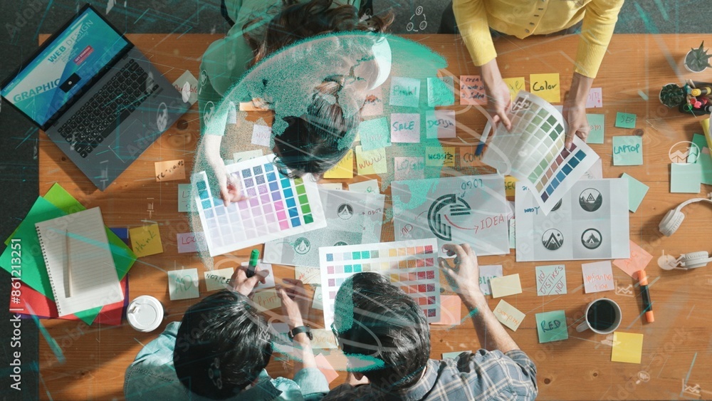 Aufkleber top view of creative designer working together brainstorming idea by using sticky notes at meeting t