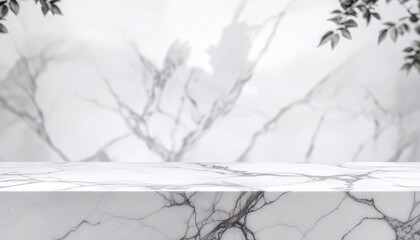minimalist white marble countertop with blurred forest foliage backdrop for product mockup