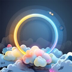 lingkaran neon abstrak pada latar belakang gelap dengan asap dan awan rendering 3d