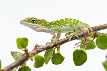 Fototapeta premium Anolis carolinensis green anole lizard side view sitting on a branch of a green plant with white background. Green theme reptile pet and Florida native species
