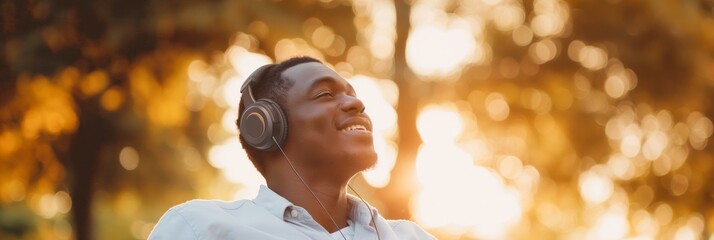 A person is relaxing with headphones on, appreciating the golden hues of an outdoor sunset with blurred background details.