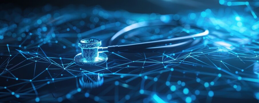 Stethoscope and digital health data fusion, blending traditional healthcare with AI innovation.
