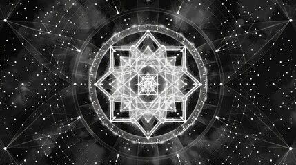 Abstract geometric and cosmic pattern in black and white.