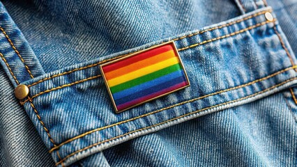Close-up of pride flag pin on denim jacket pocket, LGBTQ+, pride, flag, pin, denim jacket, support, identity, LGBTQ+ community, symbol, close-up, accessory, colorful, gay rights