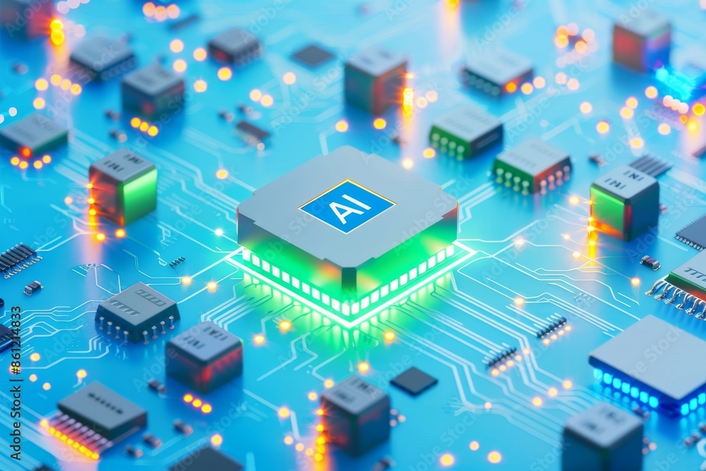 Aufkleber ai microchip with neon lights on a futuristic motherboard, symbolizing cutting edge technology, arti