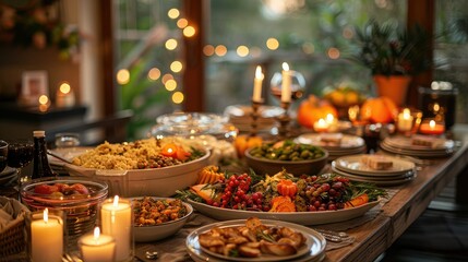 A table set with an elegant Thanksgiving feast, lit by candlelight