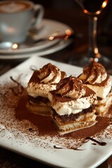 Delicious Tiramisu Dessert on a Plate in a Cafe Setting