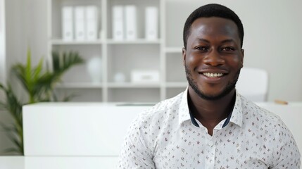 Professional black man, standing in front of a clean white desk, professional demeanor, over-the-shoulder portrait.