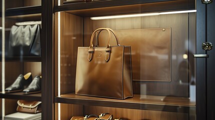 Classic leather tote with monogram details, presented on a designer store shelf