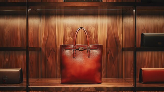 Classic leather tote with monogram details, presented on a designer store shelf