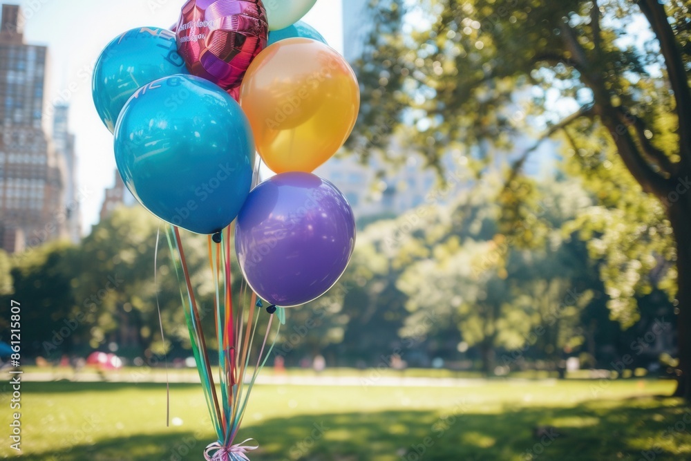 Poster a close-up view of colorful balloons with graduation messages in a park setting. generative ai