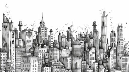 Detailed Urban Sketch of City Skyline