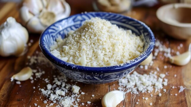 Chopped garlic in a wooden bowl on a wooden cutting board with garlic cloves in the background.